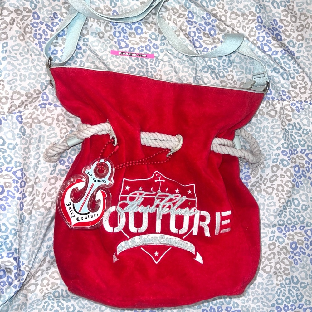 Vintage Red Juicy Couture Purse Tote Bag Handbag Y2K Terry Cloth First Class - Picture 2 of 12